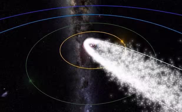 An Artist's Concept Shows Earth Passing Through The Debris Trail Of Comet 109pswift Tuttle, The Source Of The Annual Perseid Meteor Shower.