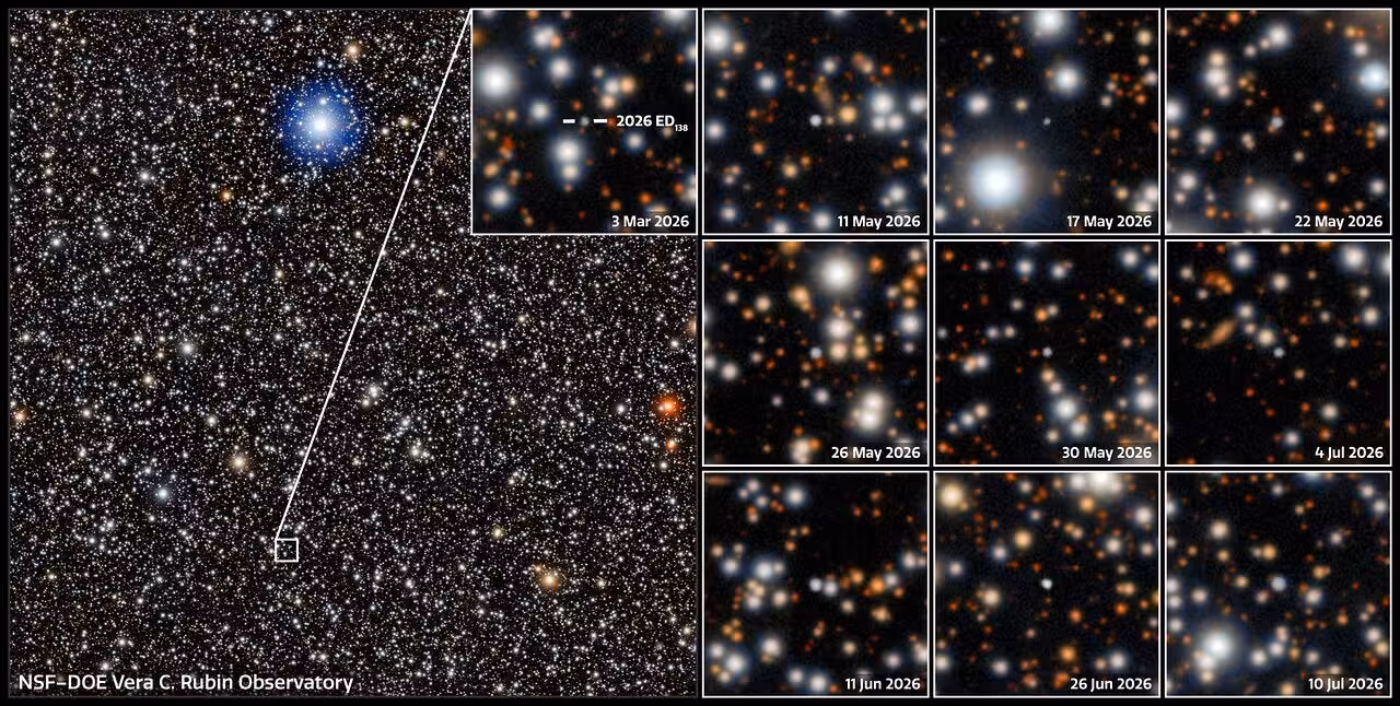 A mosaic from the NSF–DOE Vera C. Rubin Observatory shows the newly discovered dwarf planet candidate 2026 ED138. The object was identified in observations collected between March 4 and July 11, 2026.