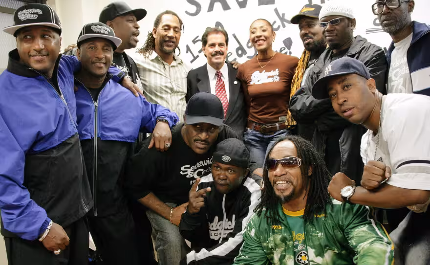 DJ Kool Herc, Coke La Rock, Cindy Campbell, former New York Rep. Jose Serrano and other musicians and artists gathered in the recreation room at 1520 Sedgwick Ave. for a ceremony in 2007.