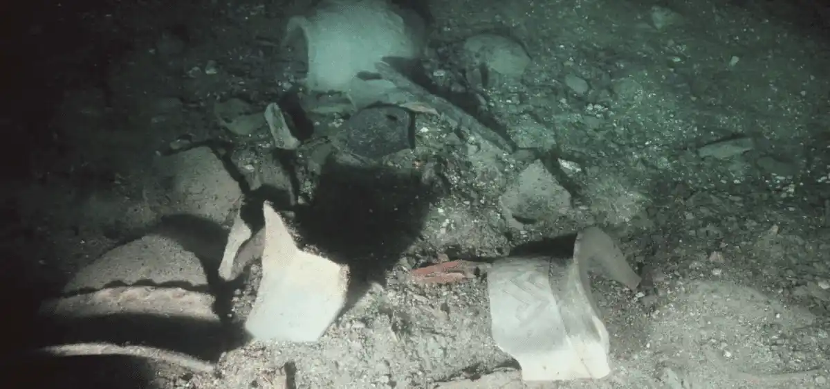 Ancient Pottery Fragments Rest On The Lakebed