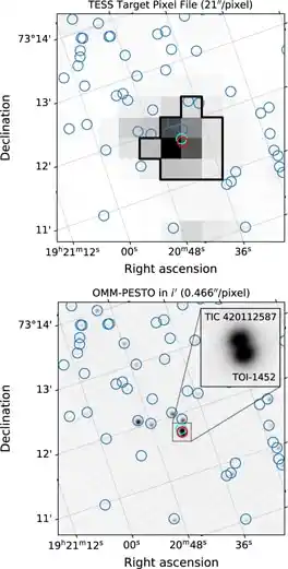 Images Comparing Observations Of The Toi 1452 System From Nasa’s Tess Telescope (top) And The Pesto Instrument At The Observatoire Du Mont Mégantic (bottom).