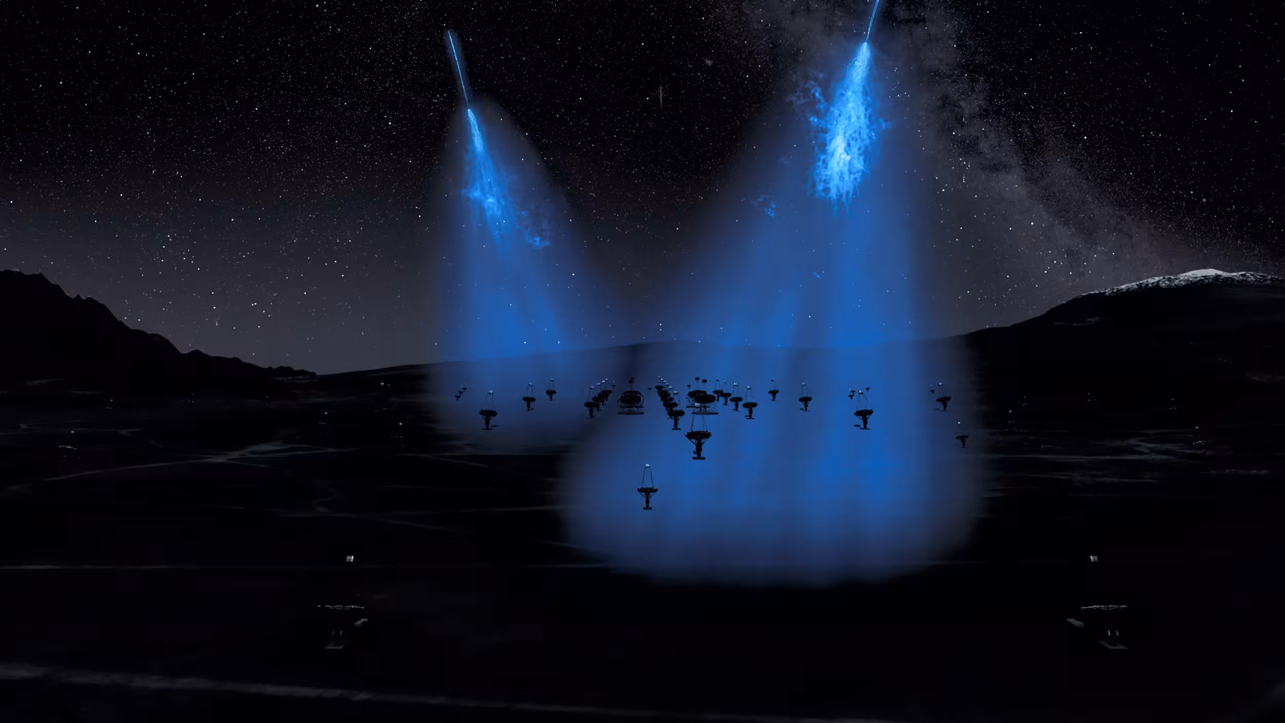 When gamma rays from the universe enter Earth's atmosphere, they produce particle showers. These trigger very brief flashes of blue light that last only fractions of a second. The CTAO telescopes can detect this Cherenkov radiation