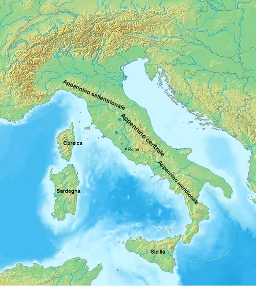Topographic Map Showing The Apennines And Their Distribution Across Italy.