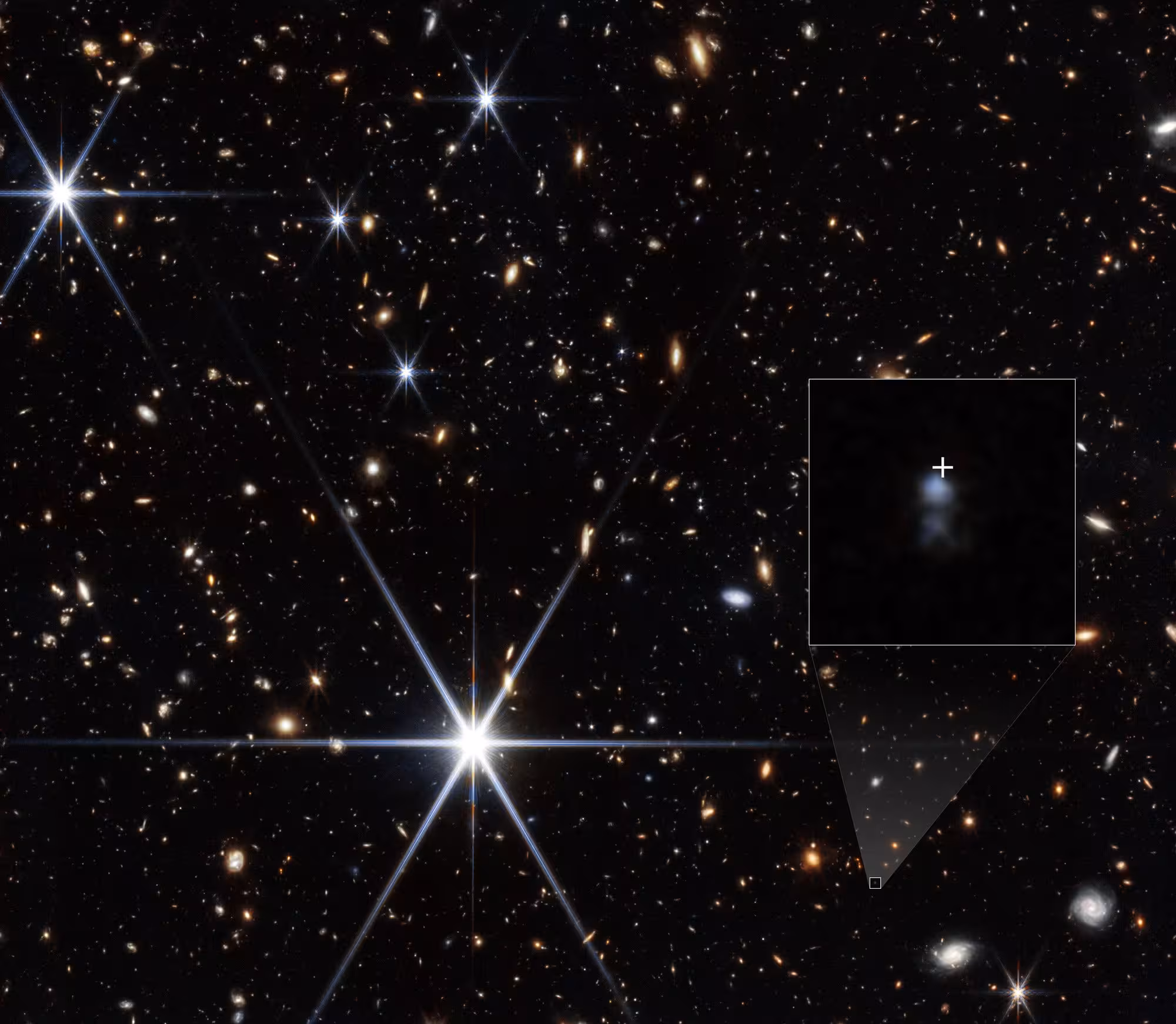 NASA’s James Webb Space Telescope’s NIRCam (Near-Infrared Camera) was able to detect the host galaxy of the fast radio burst called FRB 20240304B, whose location is shown by the white cross. They found it is a small dwarf galaxy actively forming stars