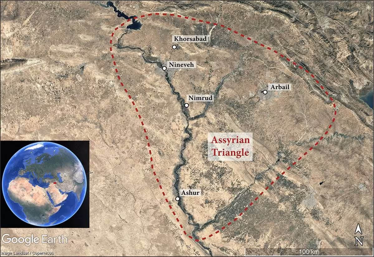 Map Of The Assyrian Triangle In Northern Iraq, Showing The Locations Of Nimrud, Nineveh, Khorsabad, Ashur, And Arbail.