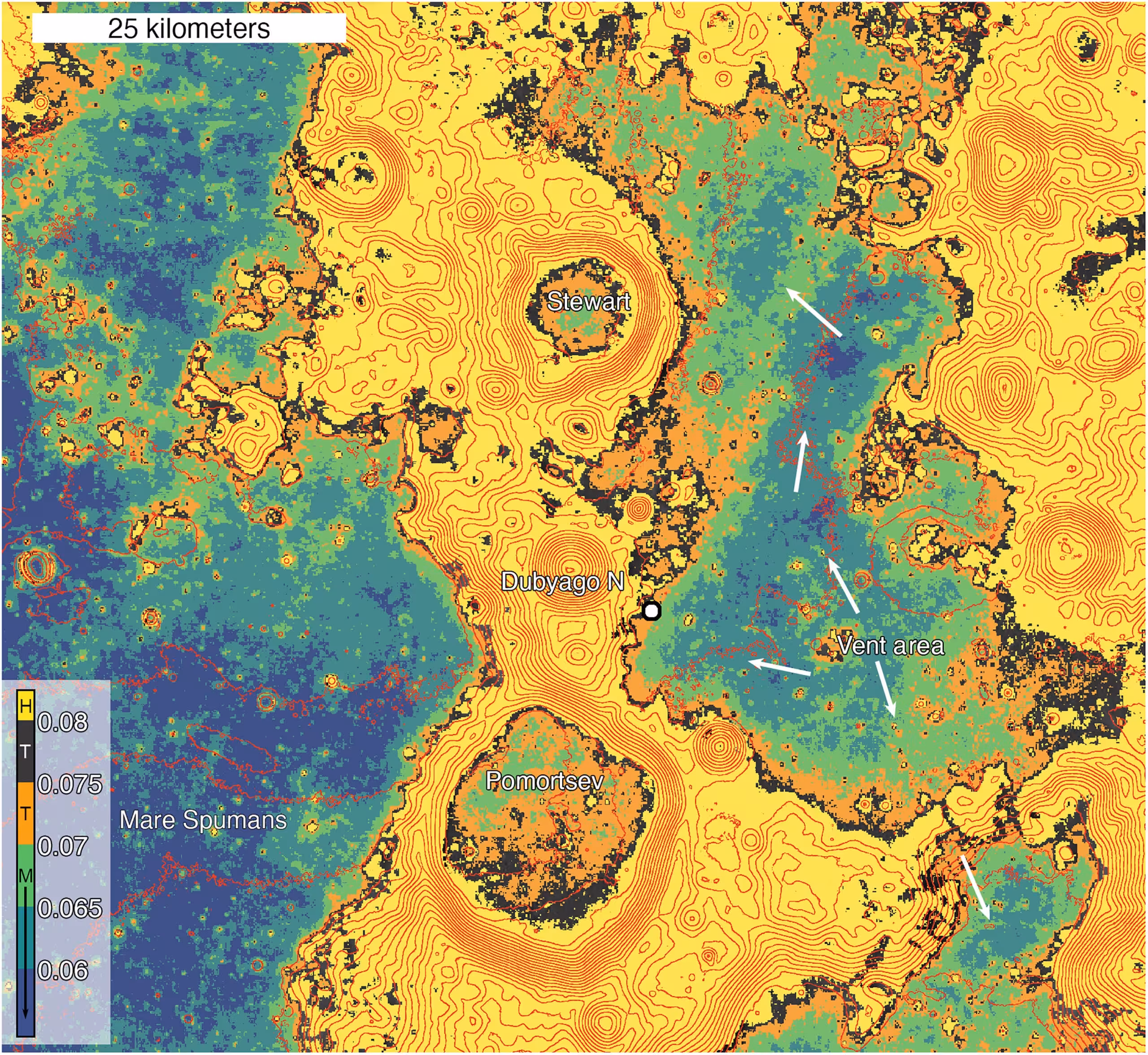 Regional geologic context map. Basemap colors represent WAC normalized reflectance [30° incidence angle, 0° emission angle, and 30° phase angle], 100 m topographic contours (red) from SLDEM. 