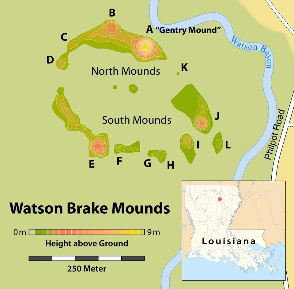 Map Of The Watson Brake Mound Complex In Louisiana