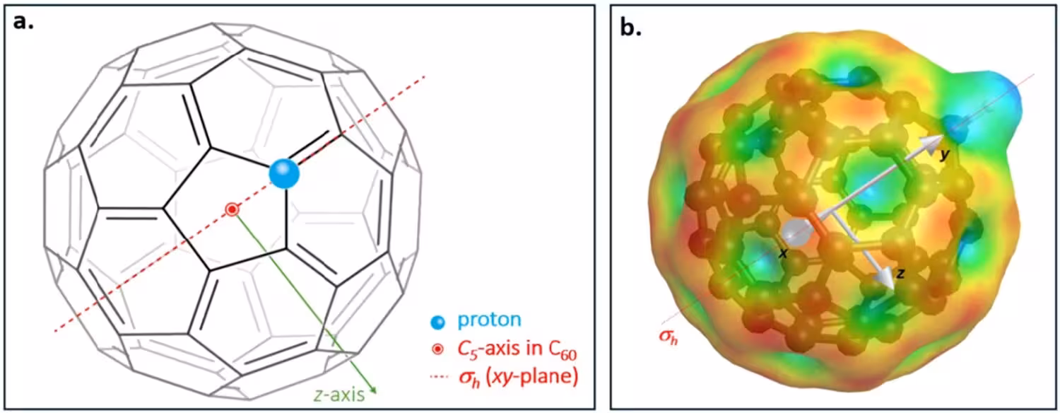 2: (a.) Sketch of protonated C60 showing the molecular mirror plane edge-on, the proton is attached to one of the C atoms. The mirror plane is the only remaining symmetry element. (b.) The electrostatic gradient of the Mulliken charge density of C60H+ was derived from anharmonic Gaussian 16 calculations and rendered in GaussView. The gradient goes from red to blue, from negative to positive. The size of the dipole is 3.8619 D. The molecule-fixed Cartesian axes x, y and z are indicated; the z axis is perpendicular to the xy plane, which contains the C–H+ bond and the dipole moment vector components.