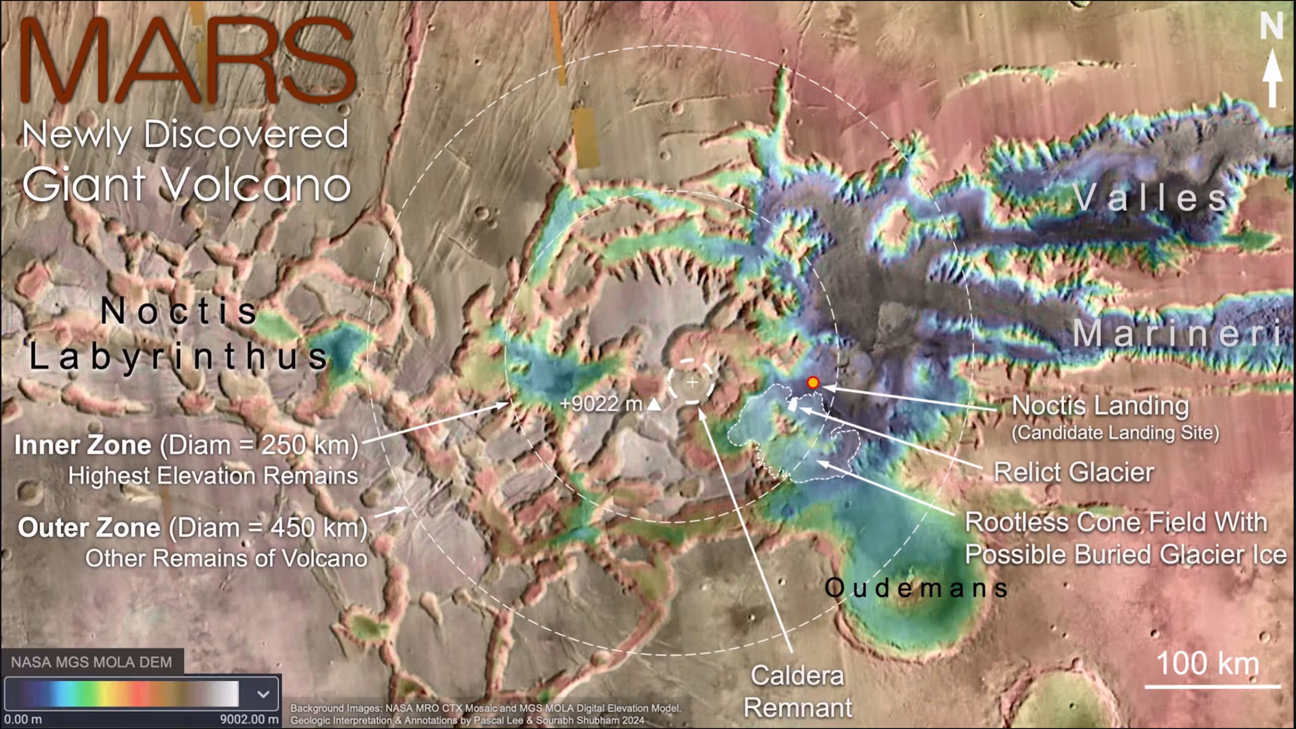 Topographic map of Mars’ Noctis volcano, whose unusual shape was sculpted by extensive fracturing and erosion.