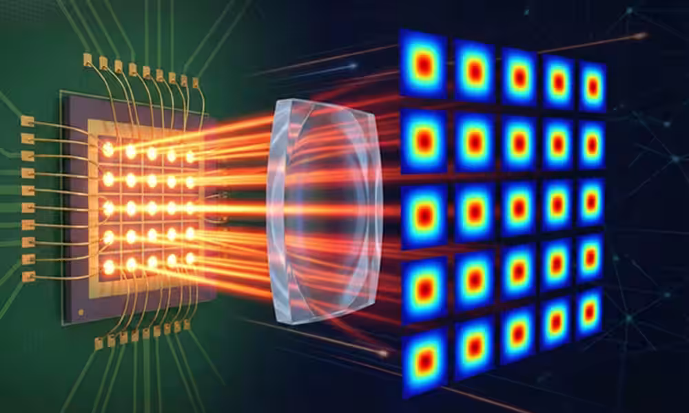 Illustration of a chip-scale platform where a VCSEL array emits orange laser beams through a lens toward a grid of blue heat-map style light spots array
