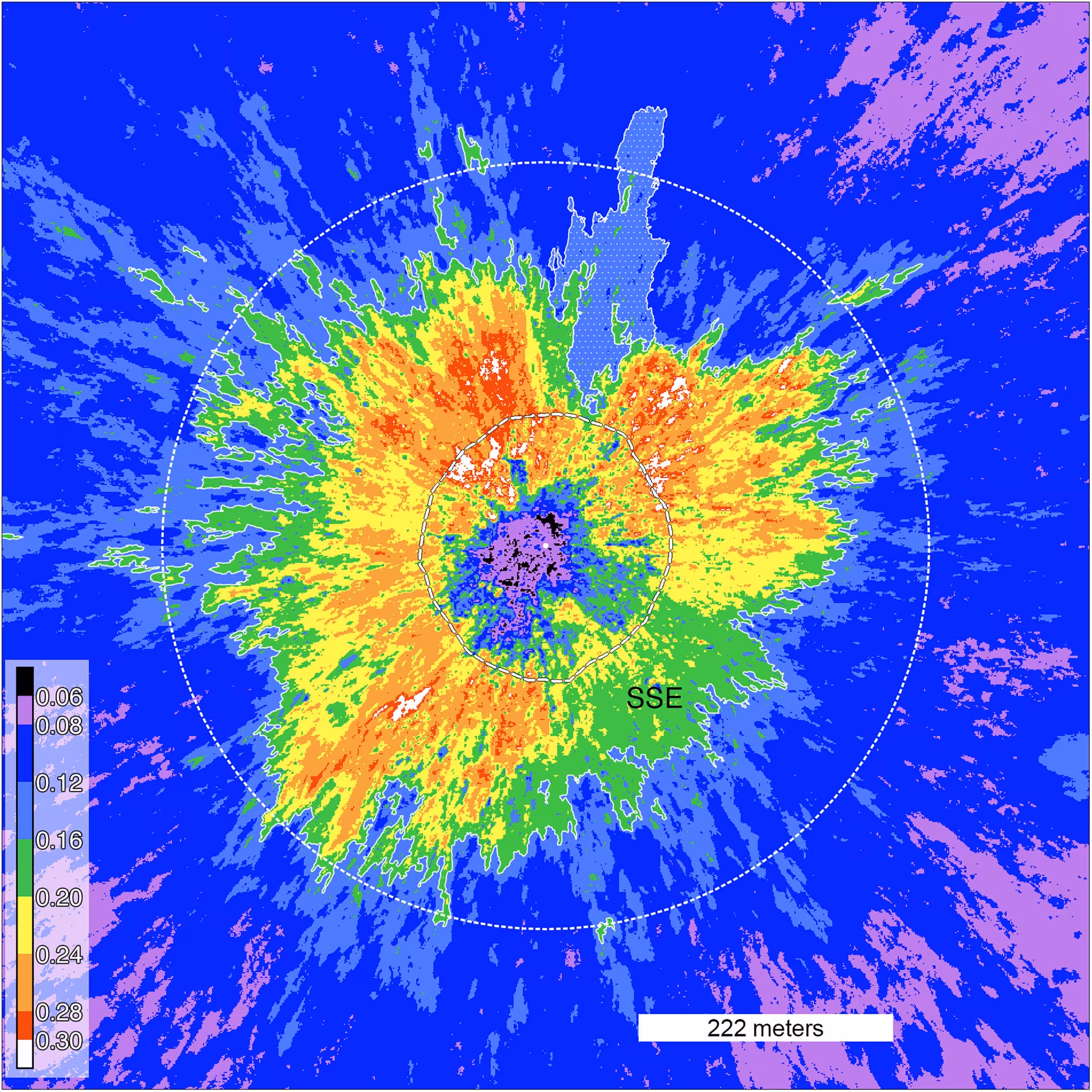 Color-coded binned reflectance values. Inner circle (dashed line) traverses crater rim, and outer circle indicates 2-crater radii from the crater rim. Outer edge of the >0.16 unit highlighted with white outline (interpreted as edge of continuous ejecta), northern tongue unit indicated with stipple pattern, and SSE locates the intermediate reflectance ejecta unit.