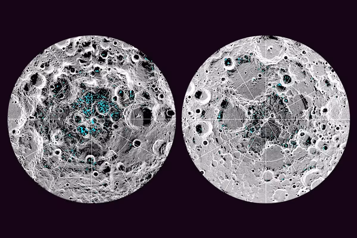 Nasa's Moon Mineralogy Mapper Detected Surface Ice At The Moon's North And South Poles, Shown In Blue.