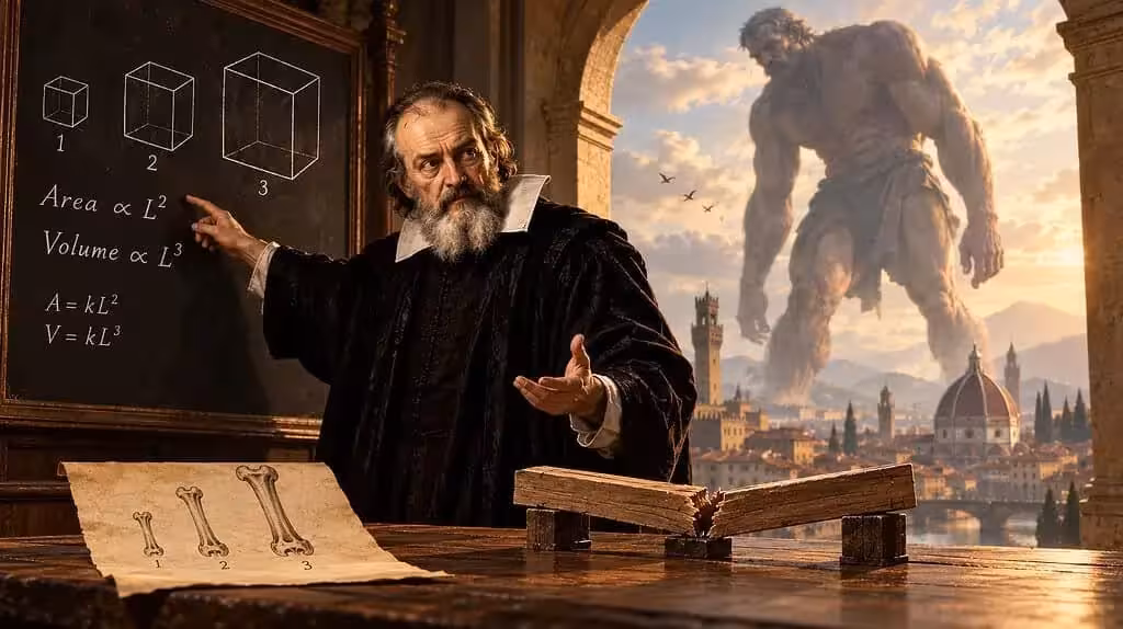 Galileo Galilei Explaining Size And Scaling Principles, With A Mythical Giant In The Background.