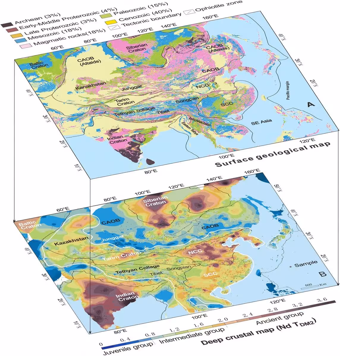 Maps Showing Ancient Crustal Fragments Beneath East Asia.