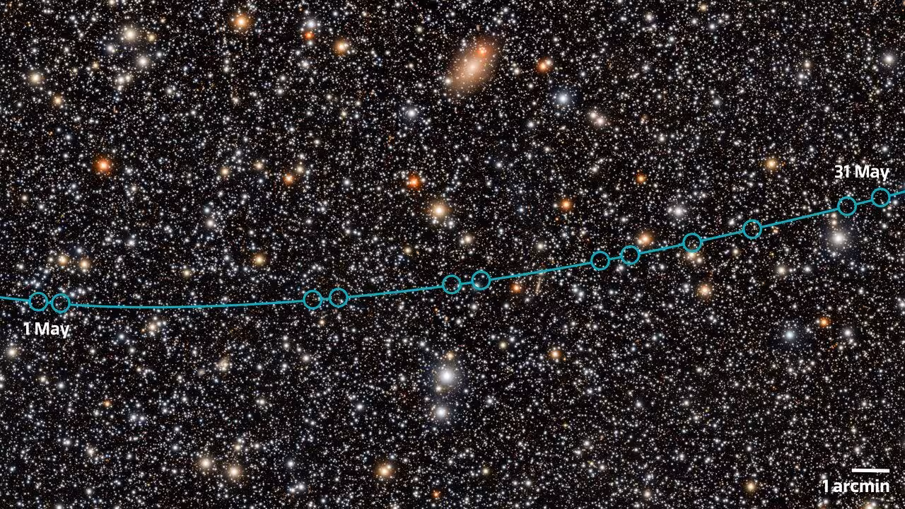 A series of images from the Vera C. Rubin Observatory traces the orbital path of newly discovered dwarf planet candidate 2026 ED138. Teal circles mark its position in observations captured between May 1 and 31, 2026.