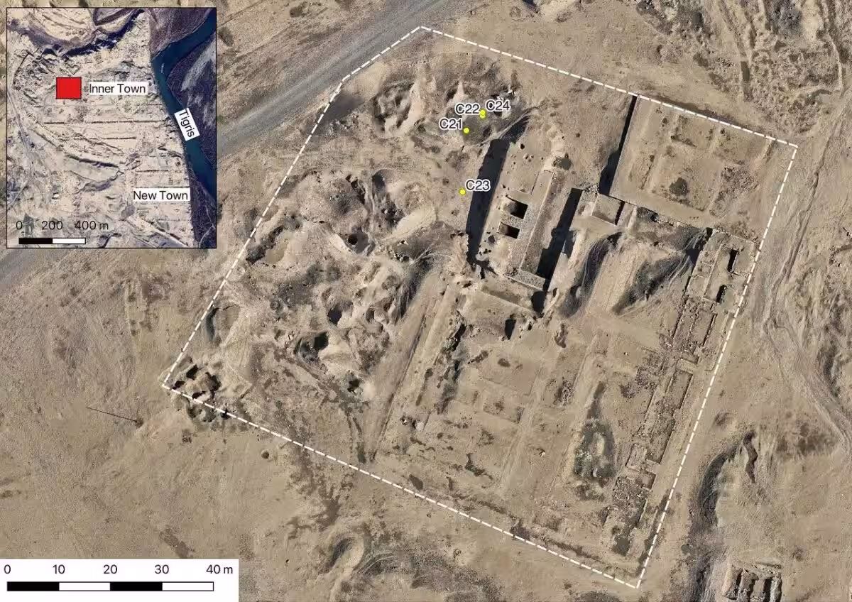 Aerial View Of Ancient Ruins With Marked Excavation Sites (c21–c24) Near The Tigris River.