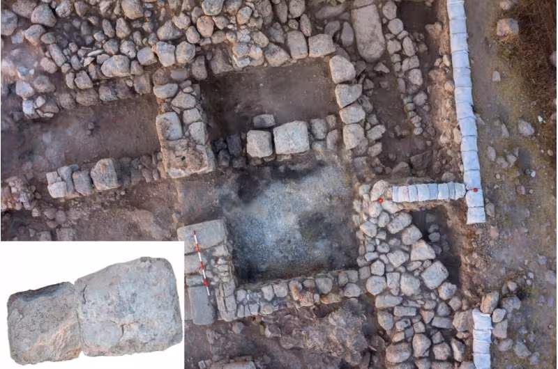 Aerial View Of Excavations At Tel 'eton Showing An Ancient Judean Structure. Inset A 2,700 Year Old Standing Stone Found On Site.