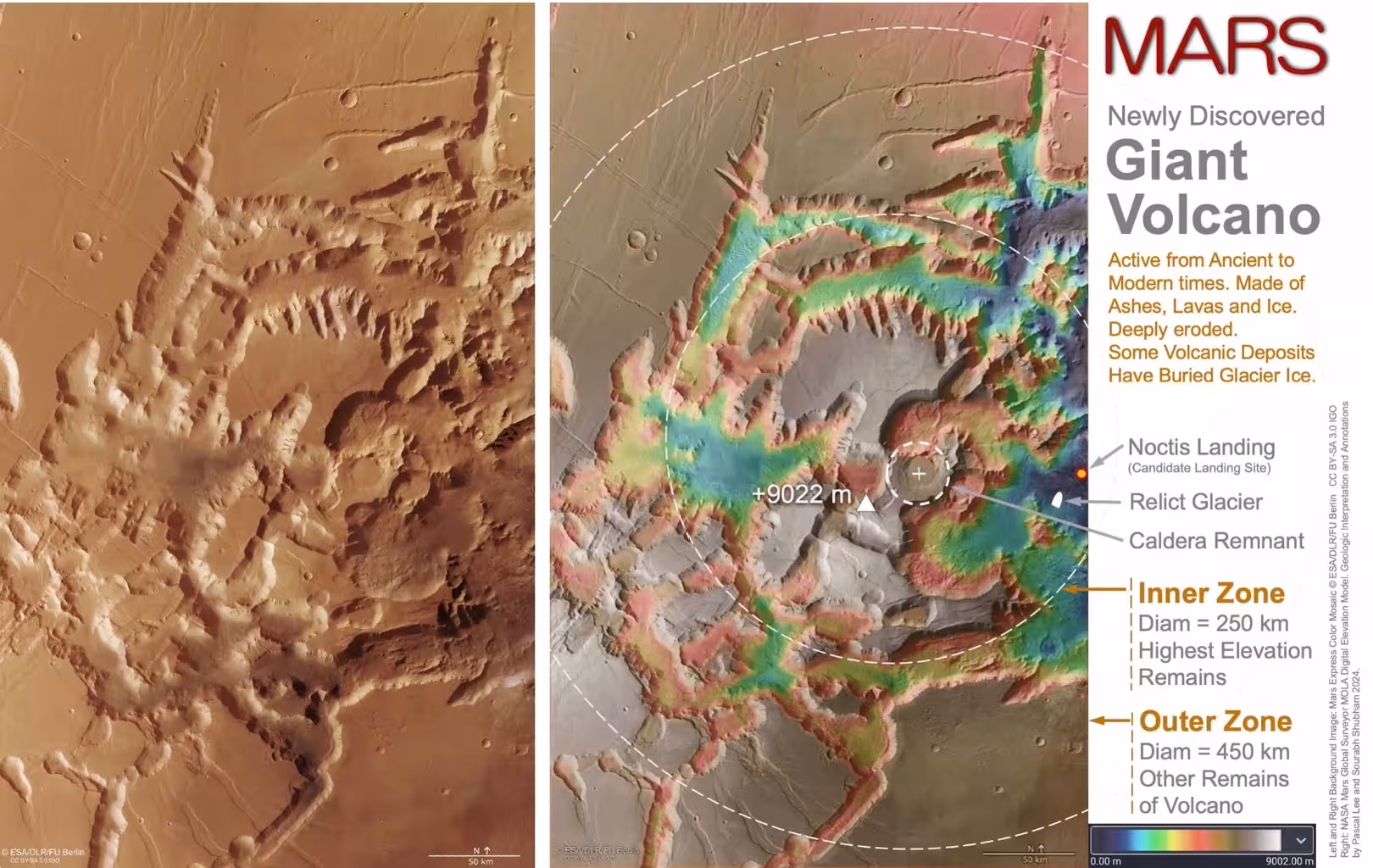 NASA and ESA spacecraft imagery and elevation data revealed the massive Noctis volcano hidden within Mars’ rugged terrain.