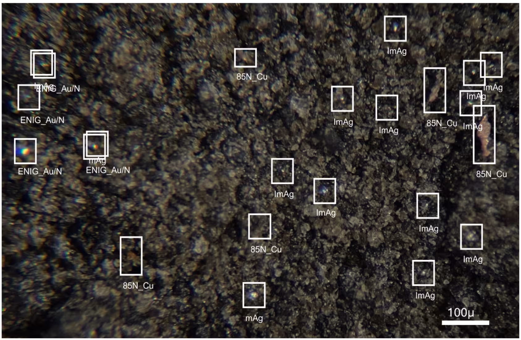 Illustrative application of the YOLO-ET machine-vision pipeline to a heterogeneous micron-scale particulate field. The image shows a prepared JSC-1 lunar regolith analogue sample containing mixed natural grains and engineered spacecraft-derived particulates.