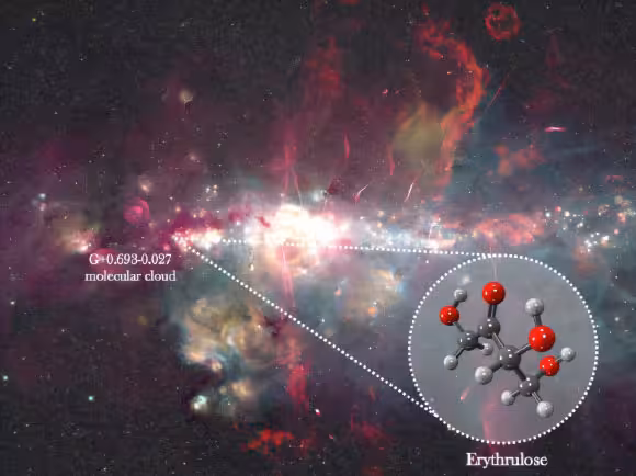 This composite image of the Milky Way’s central region shows the location of the molecular cloud G+0.693-0.027. Image credit: Ashley Barnes / Izaskun Jiménez-Serra / Juan García de la Concepción.