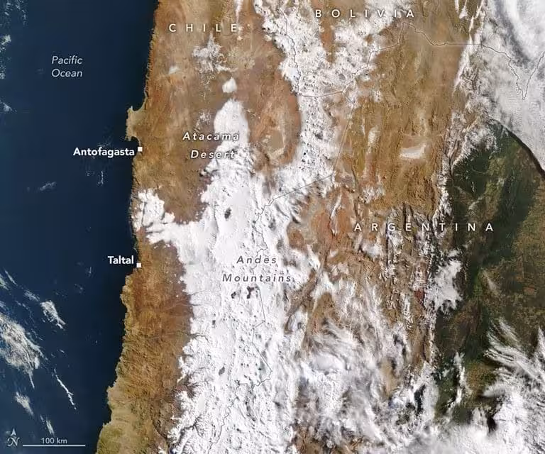 Nasa’s Terra Satellite Captured Widespread Snow Across Northern Chile On August 19, 2026.