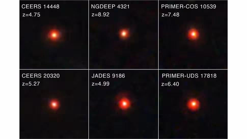 Six Examples Of Little Red Dots Observed In The Early Universe By The James Webb Space Telescope.