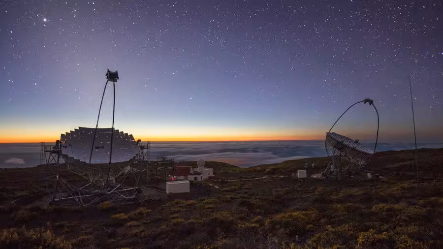 The MAGIC gamma-ray telescopes at the Roque de los Muchachos Observatory on La Palma, Spain.