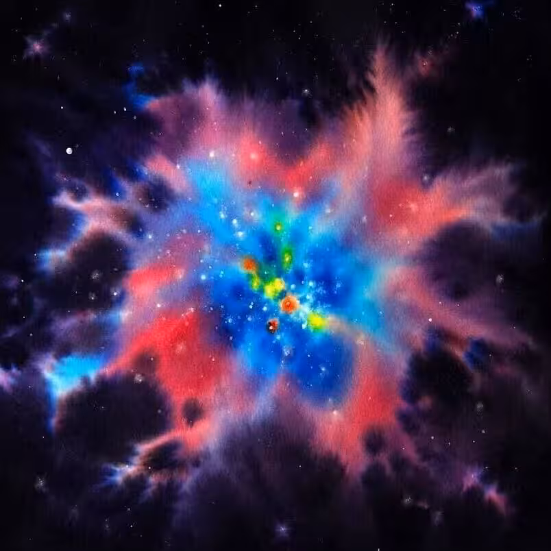This painting shows massive stars emitting ionizing radiation, but gas swept up by supernova-driven galactic winds can prevent that radiation from escaping the galaxy.