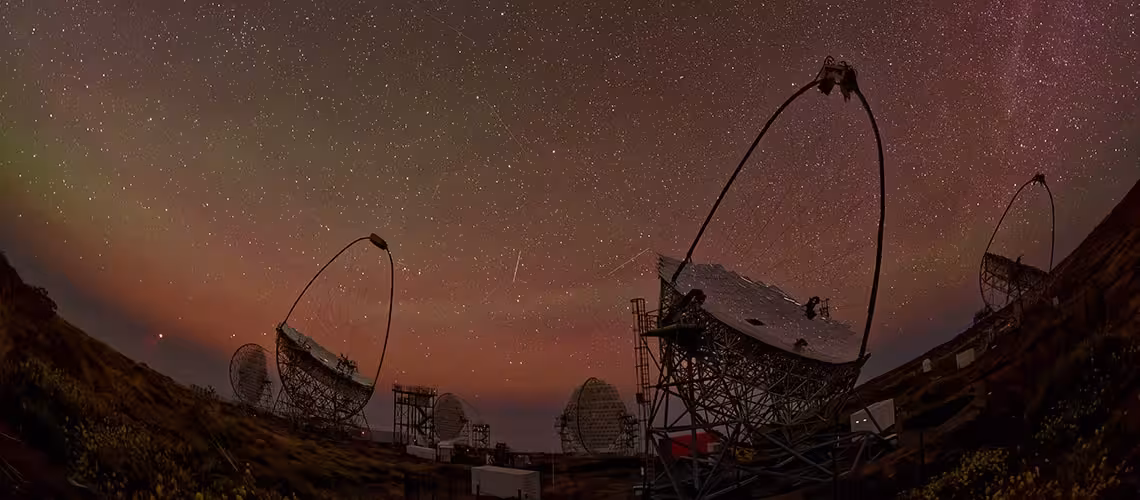 The Ctao Lst 1 (left) And Magic Telescopes (right) Observing The Night Sky From La Palma In The Canary Islands.