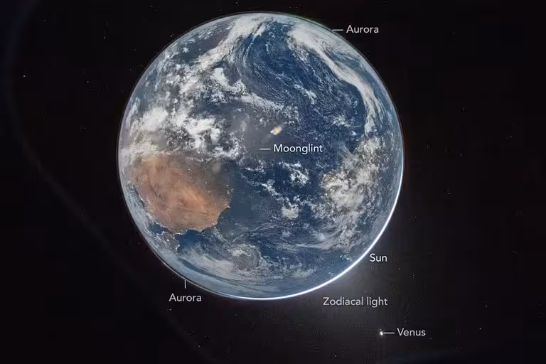 Annotated Earth Image Showing The Rare Combination Of Phenomena Captured By Artemis Ii.