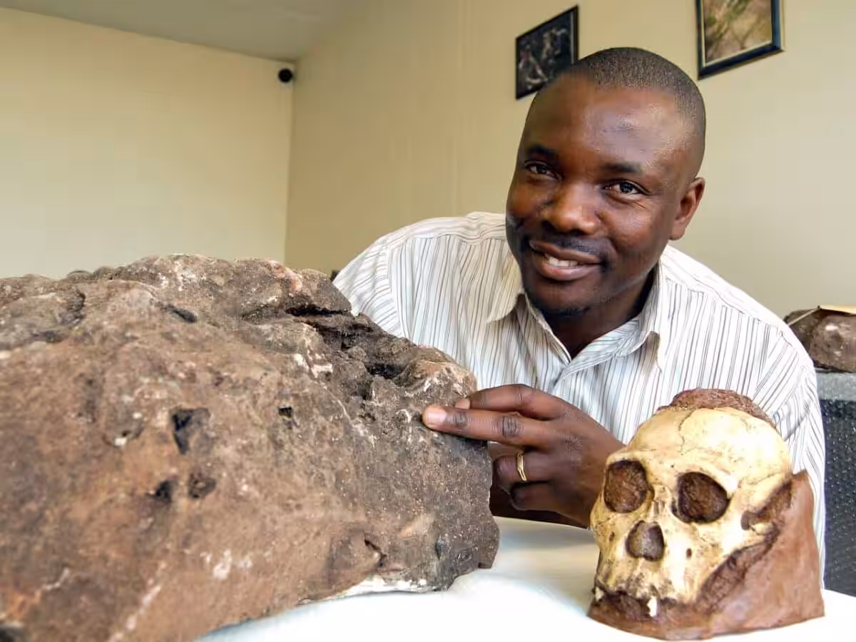 Beside An A. Sediba Skull, Justin Mukanku Highlights The Tooth Spotted In The Rock.