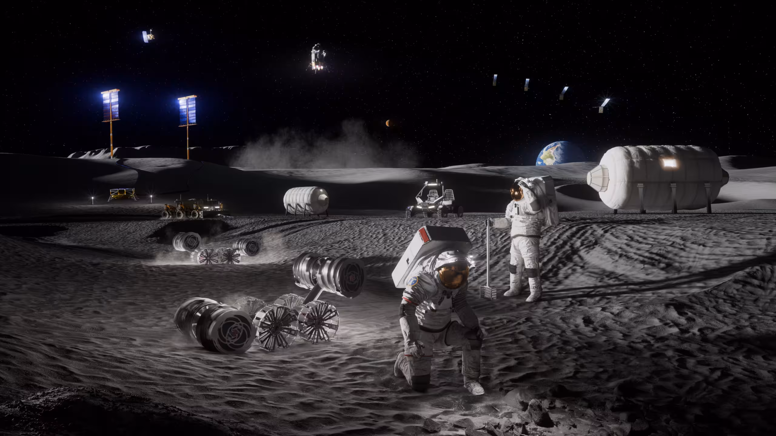 Artist’s rendering depicting astronauts, habitats, rovers, power systems, and cargo operations supporting sustained human activities at the Moon Base near the lunar South Pole.