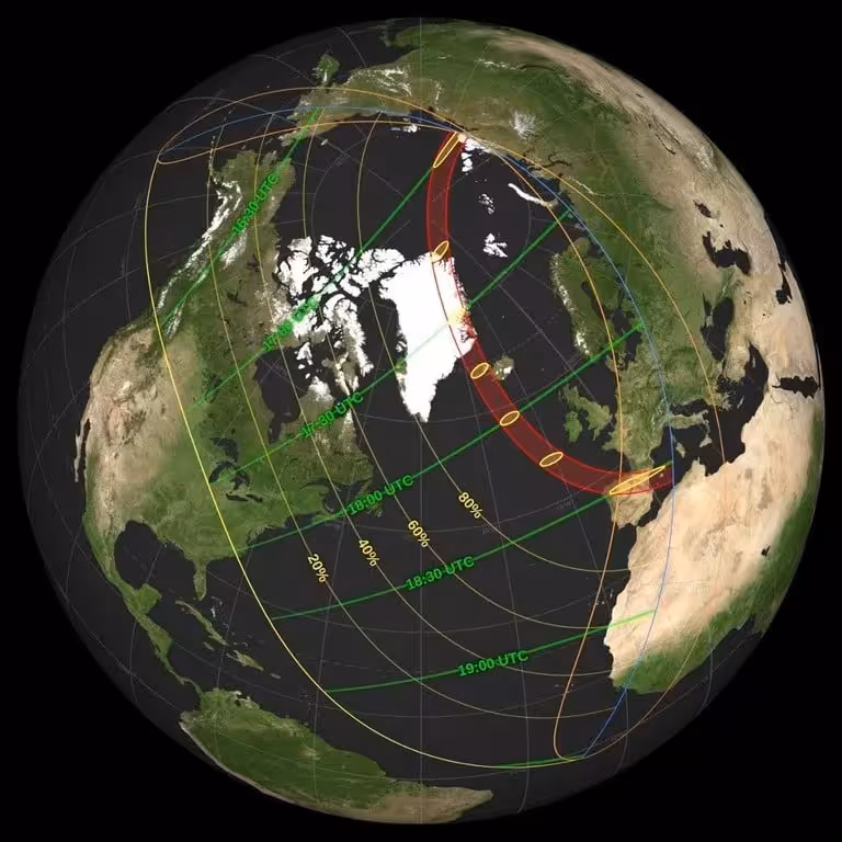 Map Showing The August 2026 Total Solar Eclipse Path Across Greenland, Iceland And Europe.