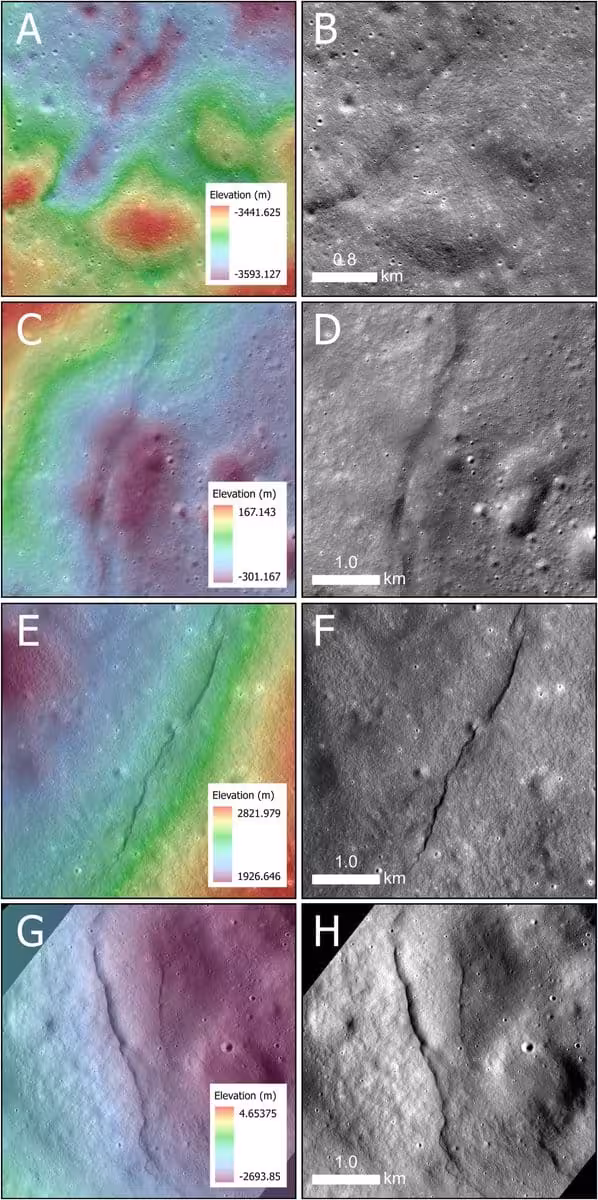 Color Coded Elevation Maps (left) And Grayscale Images (right) Reveal Lunar Fault Structures Formed As The Moon's Interior Gradually Cooled And Contracted.