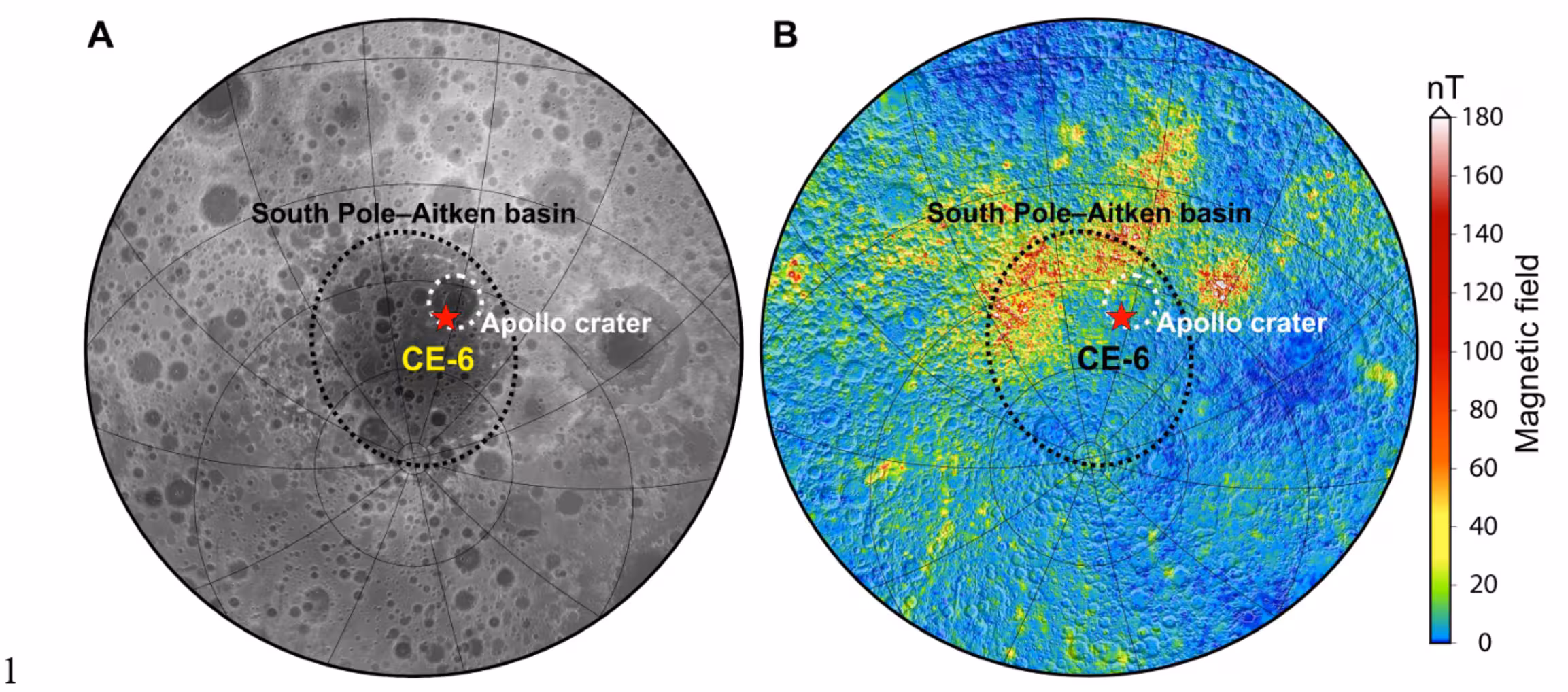 Regional lunar topography and magnetic anomalies. (A) Hemispheric topographic map centred on the SPA Basin. (B) Magnetic anomaly field across the same region (12). Stereographic projection is adopted.