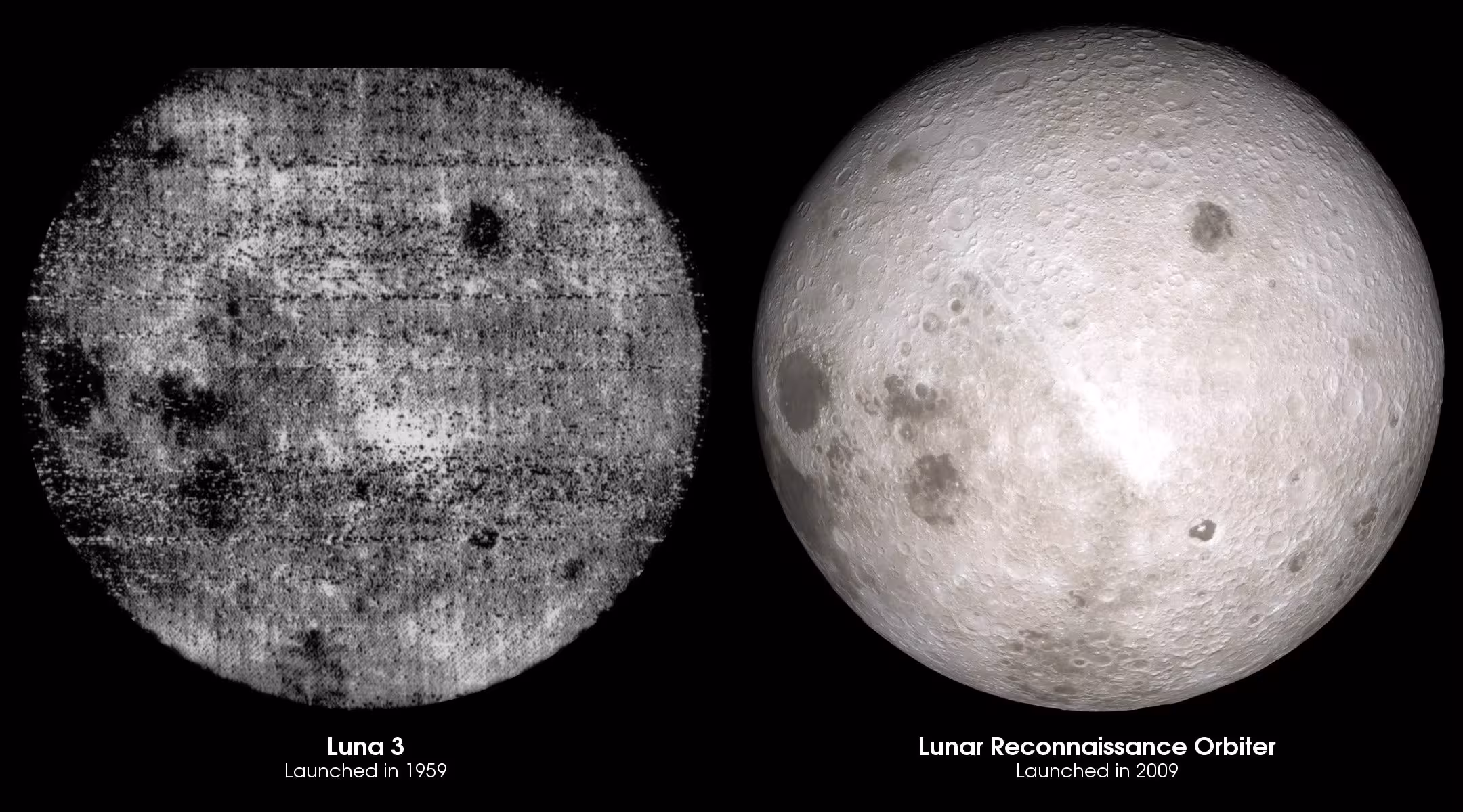 The Moon’s far side as first photographed by the Soviet Luna 3 spacecraft in 1959, left, compared with a modern view from NASA’s Lunar Reconnaissance Orbiter. The heavily cratered terrain is the region astronomers hope to use as a shielded site for low-frequency radio astronomy. 