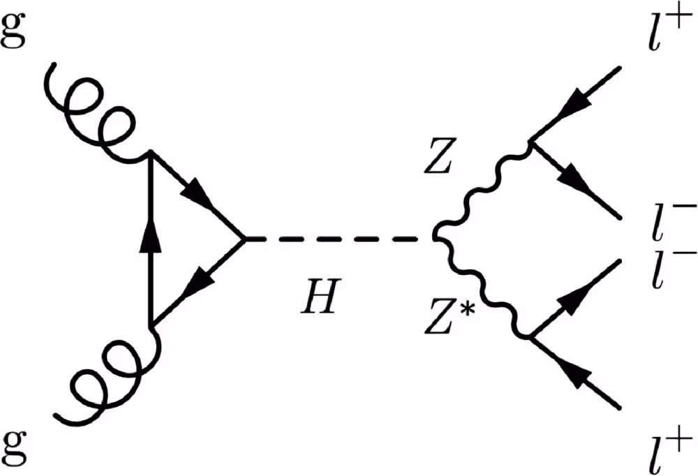 Example of a leading-order Feynman diagram of the dominant Higgs-boson production process via gluon-gluon fusion through a fermion loop and its decay process into two leptonically decaying Z bosons, pp → H → ZZ* → ℓ⁺ ℓ⁻ ℓ⁺ ℓ⁻. The superscript (*) refers to a particle that is off its mass shell.