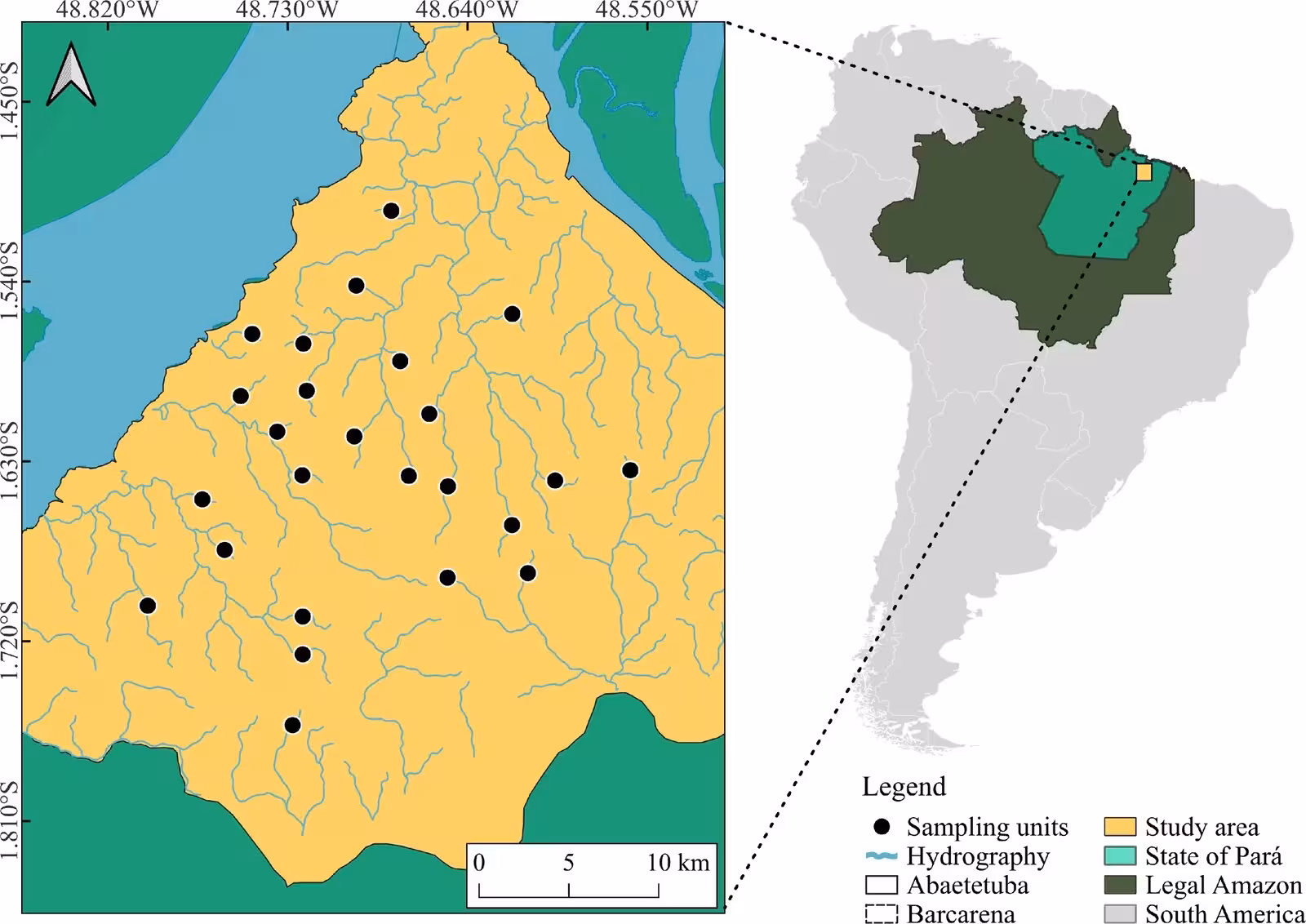 Fig. 1: Map representing the 25 sampling sites distributed in the municipalities of Barcarena and Abaetetuba, in the state of Pará, Brazil