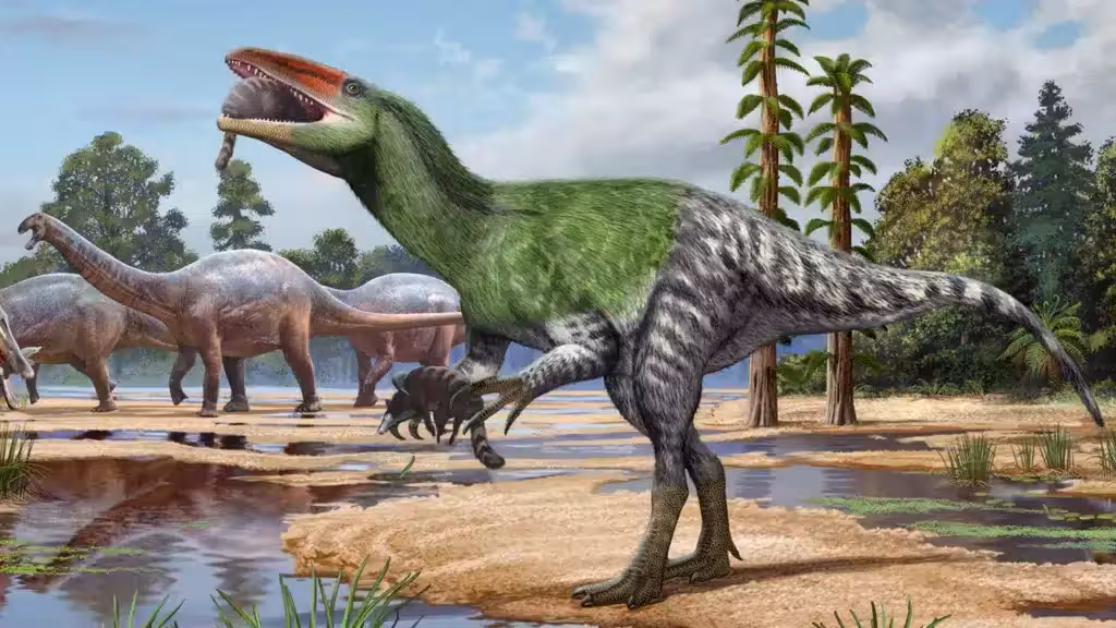 Artistic Reconstruction Of Invictibellatrix Amberina, A Long Clawed Carnivorous Dinosaur That Lived Around 120 Million Years Ago.