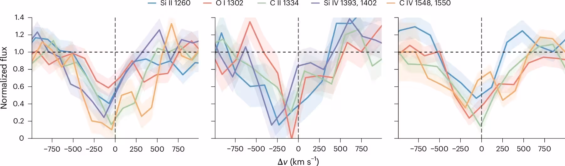 Velocity profiles of the metal absorption lines.