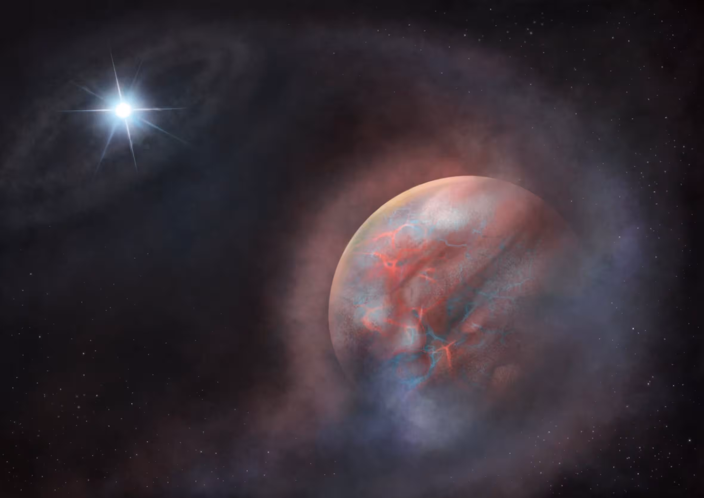 Artists impression of the second-generation planet orbiting HS 0209+0832, the first such planet to be found orbiting a white dwarf.