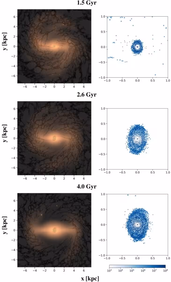 The Simulation Shows How A Milky Way Like Galaxy And Its Central Stellar Structures Change Over Time, Comparing Their Appearance At 1.5, 2.6, And 4 Billion Years.