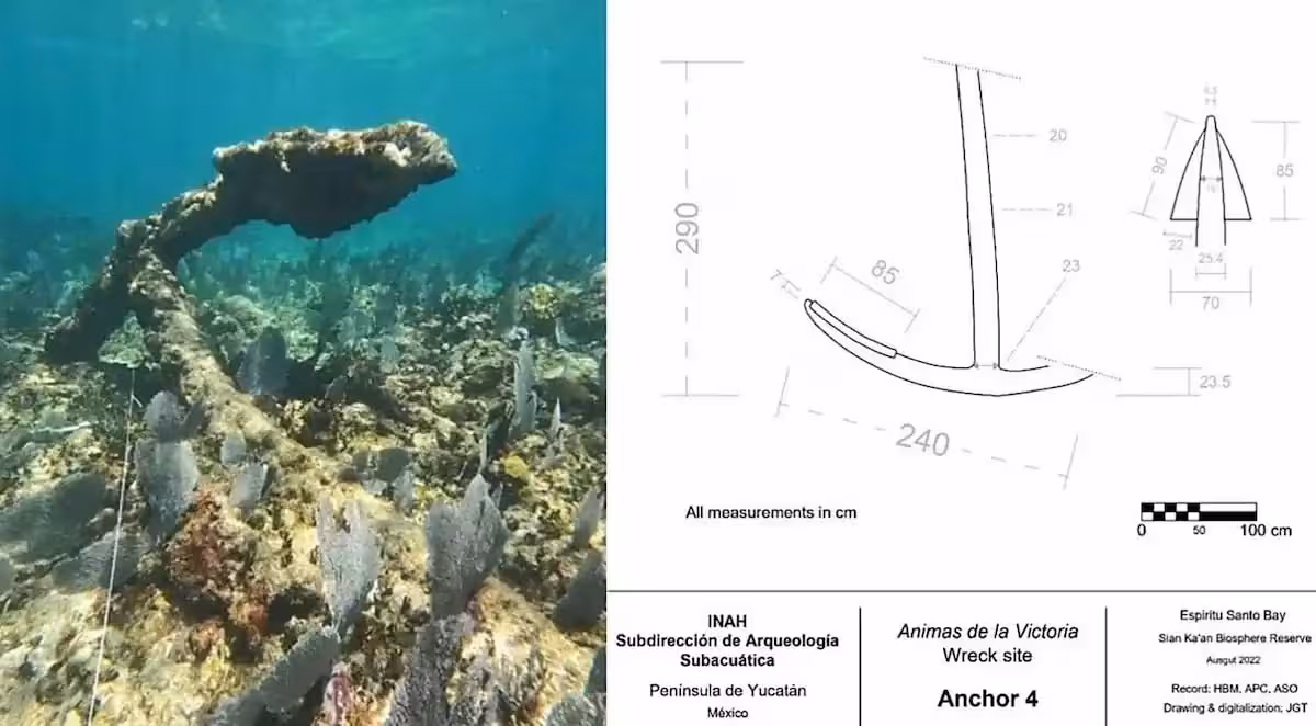 An Underwater View Of Anchor 4 From The Ánimas De La Victoria Shipwreck In Espíritu Santo Bay, Mexico, Alongside Its Archaeological Drawing.