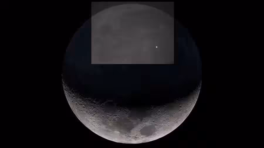 Lunar impact flash image shown superimposed on the Moon. Impact flashes are most easily seen in the shadowed portion of the Moon.
Credit: NASA