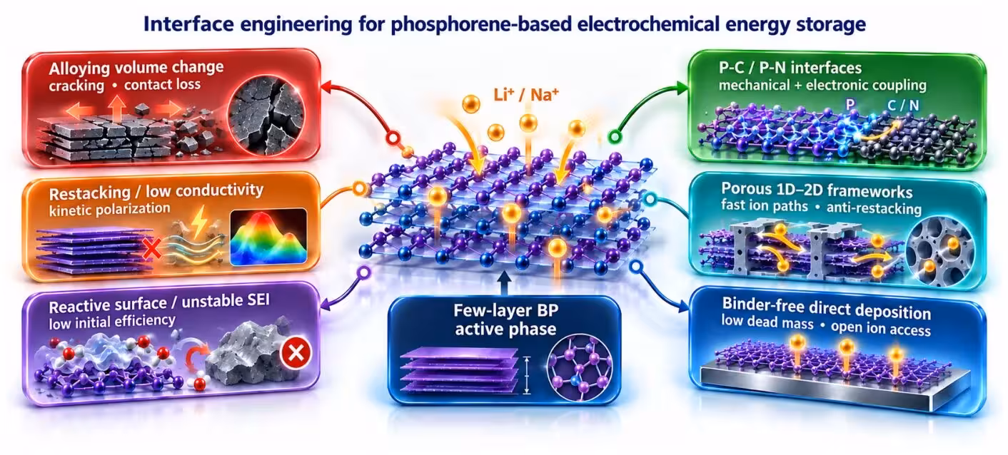 Figure 3: Major failure modes and interface-engineering strategies for phosphorene-based electrochemical energy storage. Practical assessment increasingly requires areal and full-cell metrics in addition to gravimetric capacity.
