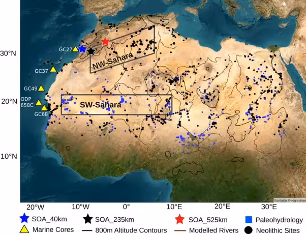Map Showing The Sahara’s Ancient Rivers, Lakes, And Human Settlements.