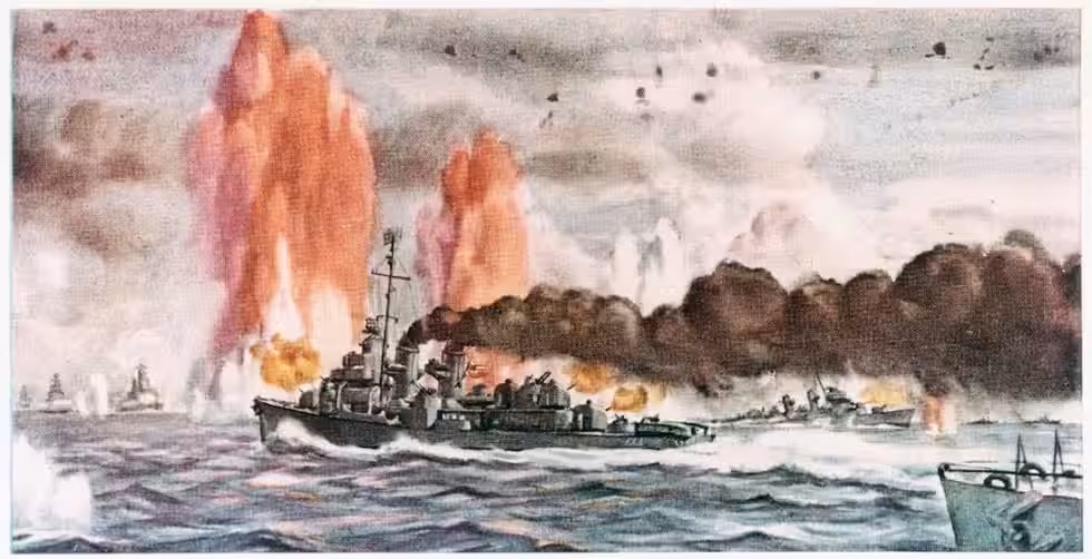 Painting Of American Destroyers Attacking The Japanese Fleet Near Samar