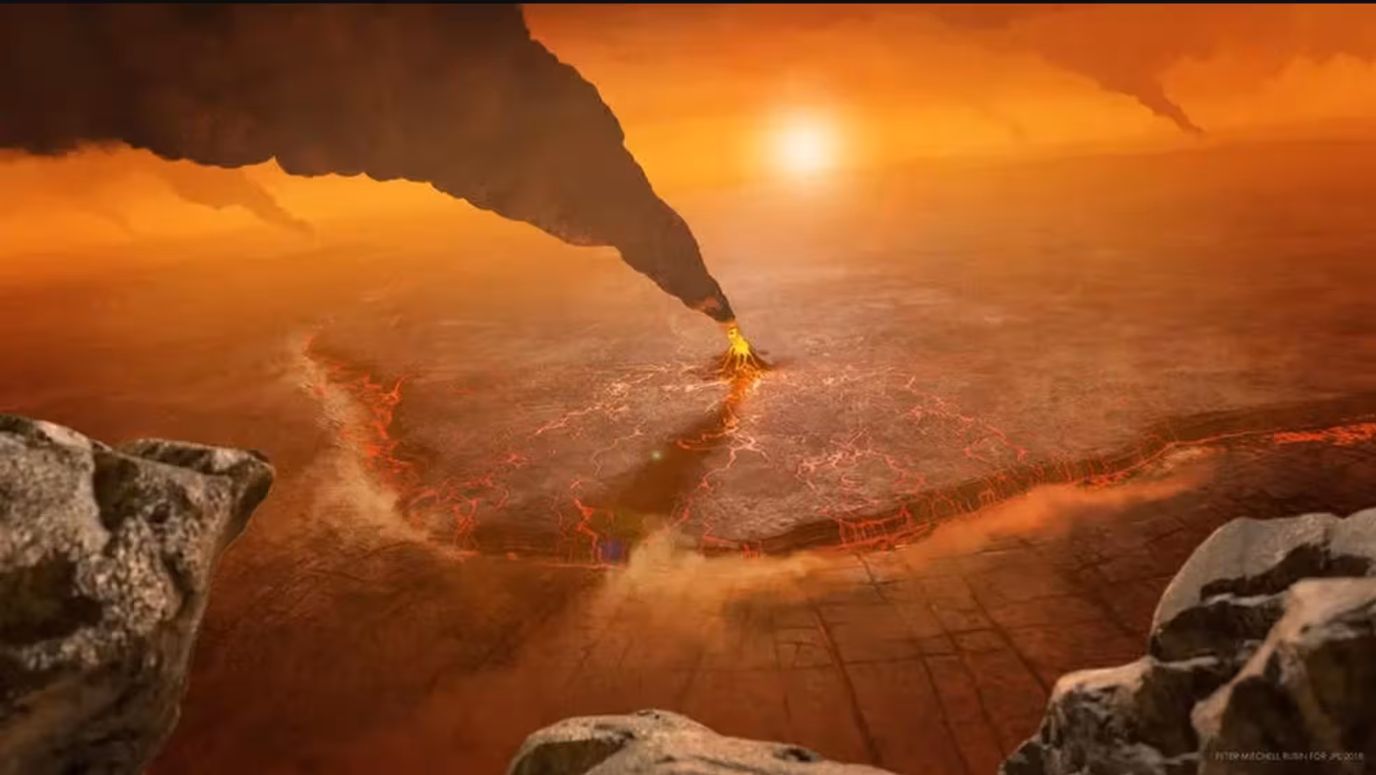 Illustration depicts active volcanism in Venus’ southern hemisphere.