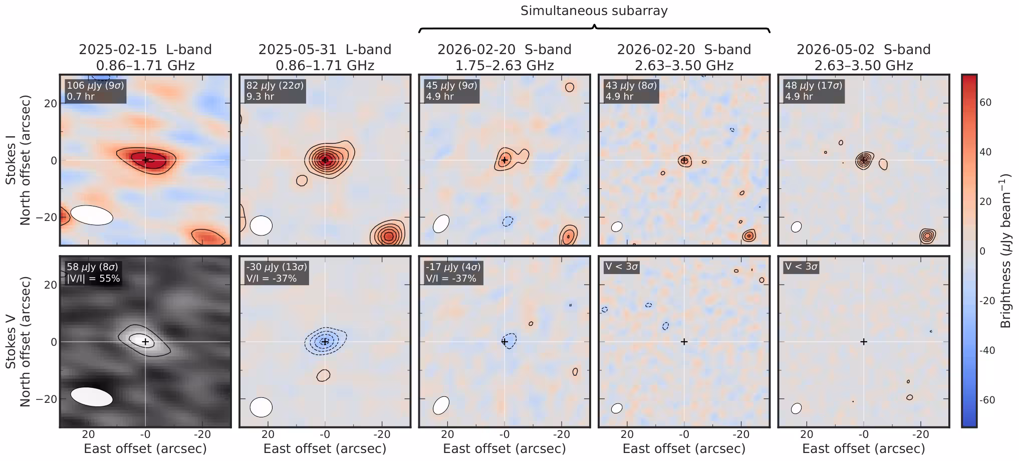 Radio detections of β Pic b in four observing sessions and at two frequency bands.