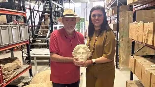 Heritage Specialists Display The Roman Marble Bust Uncovered During Construction Work At Alicante’s La Almadraba Beach